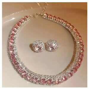 Elegant Pink Crystal Choker Necklace & Earring Set Silver Tone